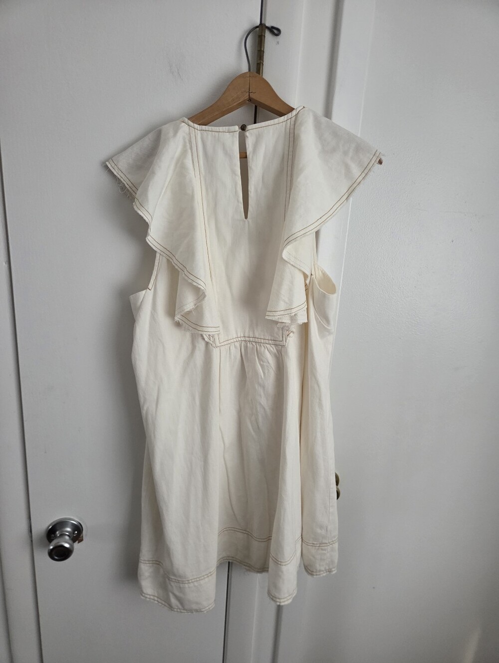 Anthropologie Pilcro White Denim Peasant Ruffle Babydoll Mini Dress Size Medium - Picture 6 of 6
